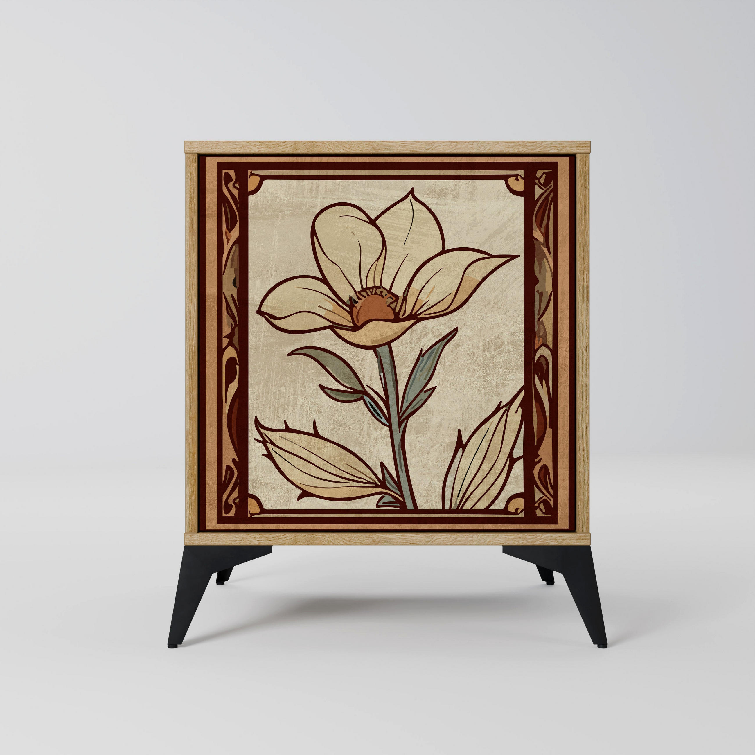 SIDEBOARD TIMELESS FLORA, Eichefarben, 57,5x42x70,5 cm, Schwarze Metall-Sternfüße - Eichefarben/Multicolor, Holzwerkstoff/Metall (57.5/70.5/42cm) - SpaceRebels