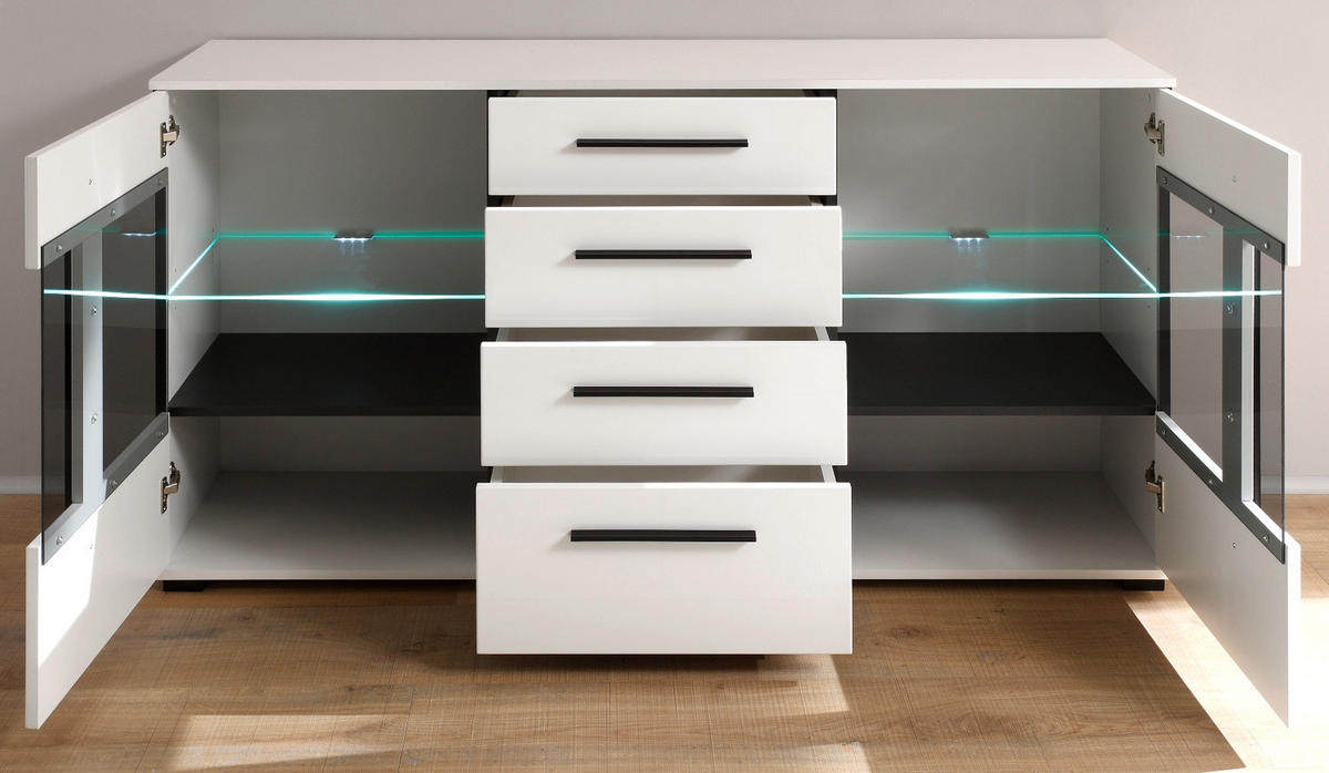 SIDEBOARD weiß Hochglanz 150 cm, Kommode mit Soft-Close - Weiß Hochglanz/Schwarz, Glas/Holzwerkstoff (150/86/42cm) - Furn.Design