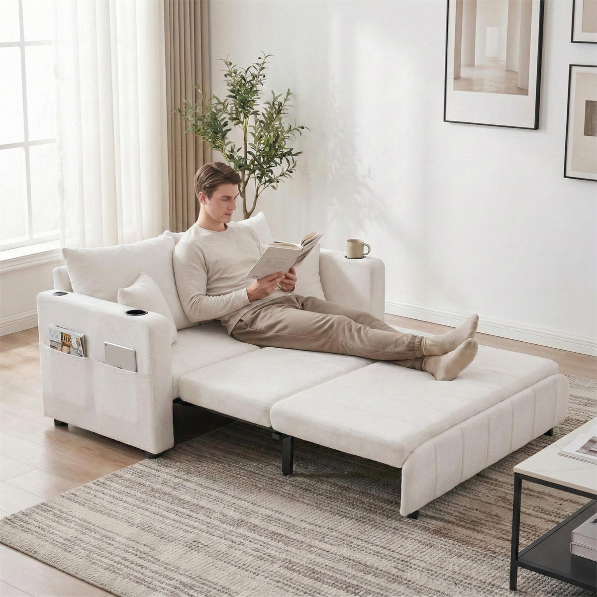 SCHLAFSOFA Zweisitzer mit Schlaffunktion,ausziehbar,Chenille,Beige - Beige, Textil (73/83/139cm) - LVHOM