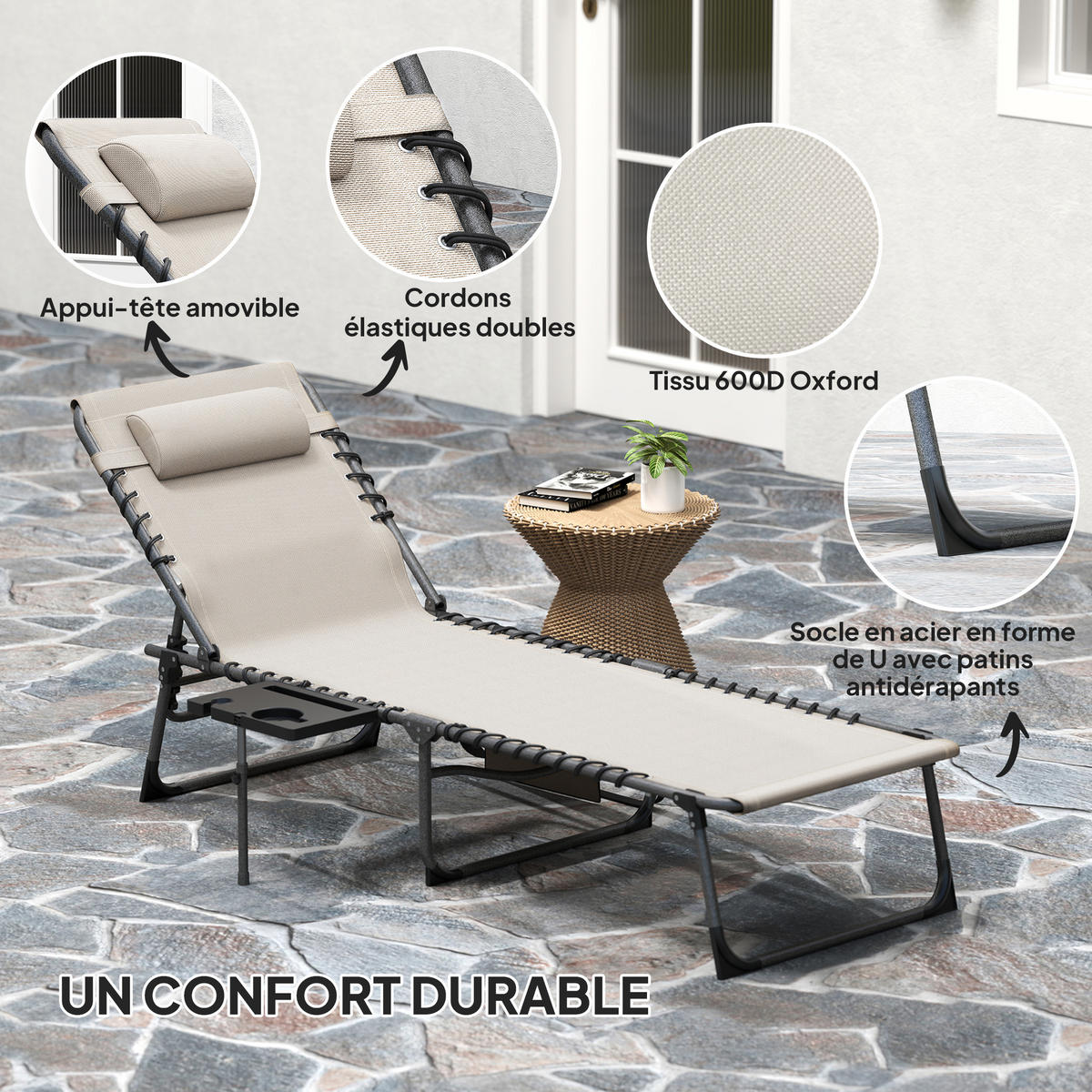 SONNENLIEGE DE-15680 5-fach verstellbar mit Tablett, 190 cm Creme - Creme, Metall (60/31/190cm) - ComfortXL