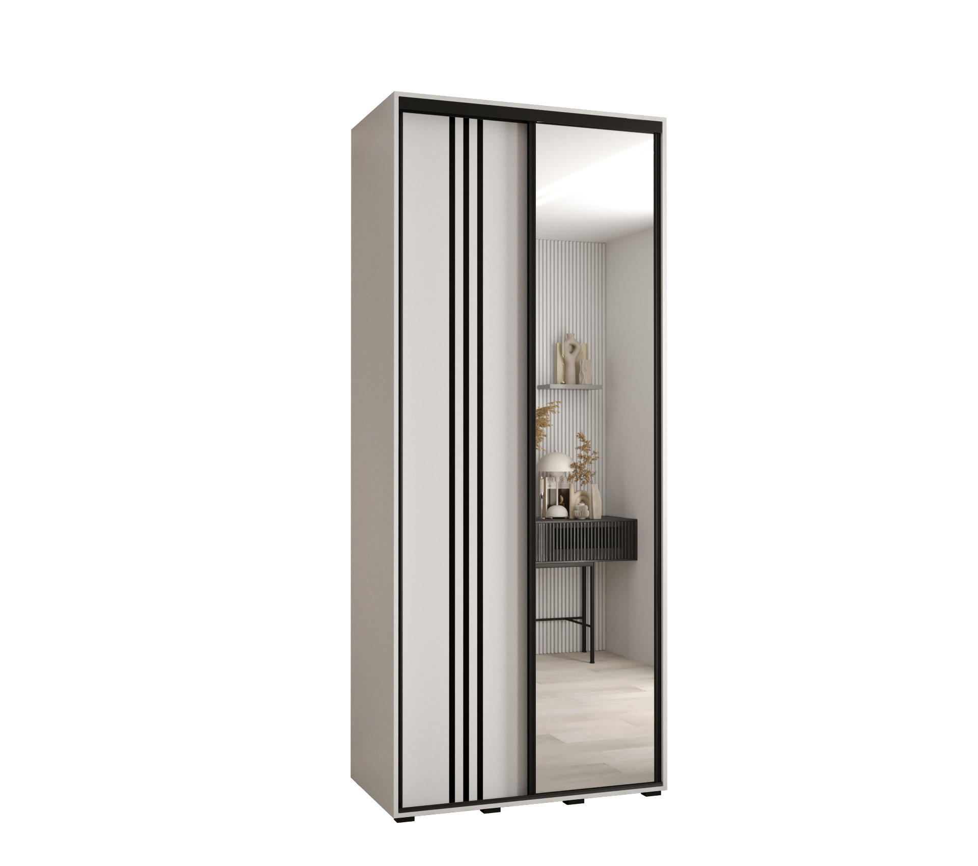 Abiks Möbel Schwebetürenschrank Weiß, Weiß, Schwarz 120x235x45 cm