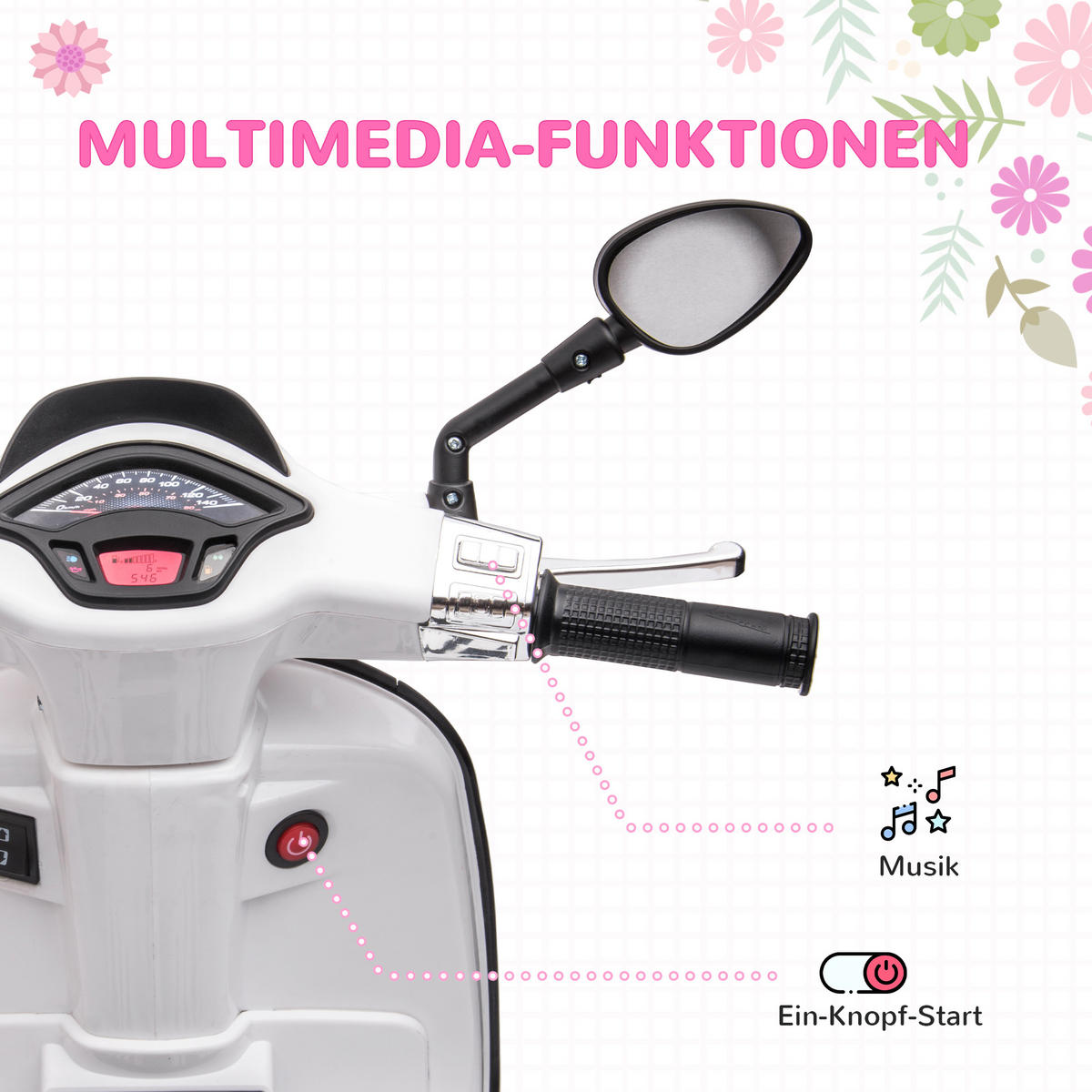 KINDER Elektro-Motorrad, 6V Kindermotorrad mit MP3, USB, FM-Radio, Scheinwerfer - Weiß, Kunststoff (107/47/73cm) - AIYAPLAY