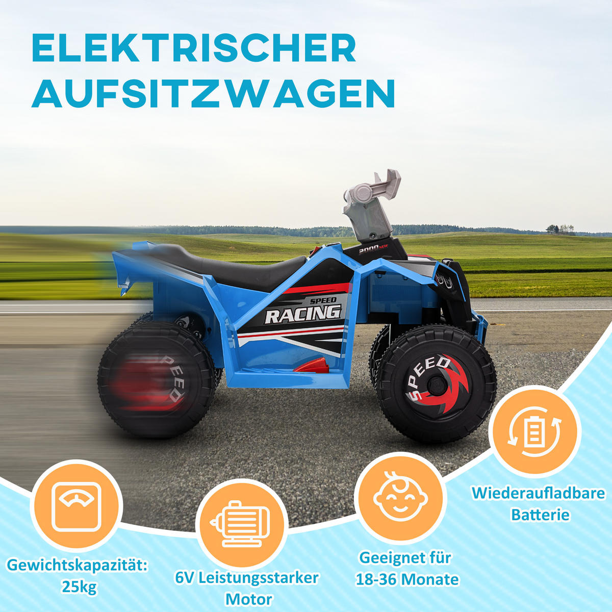 MINI ELEKTRO-QUAD KINDER, Blau/Rosa/Weiß, Kunststoff+ Metall - Blau, Metall (70/41.5/48.5cm) - HOMCOM