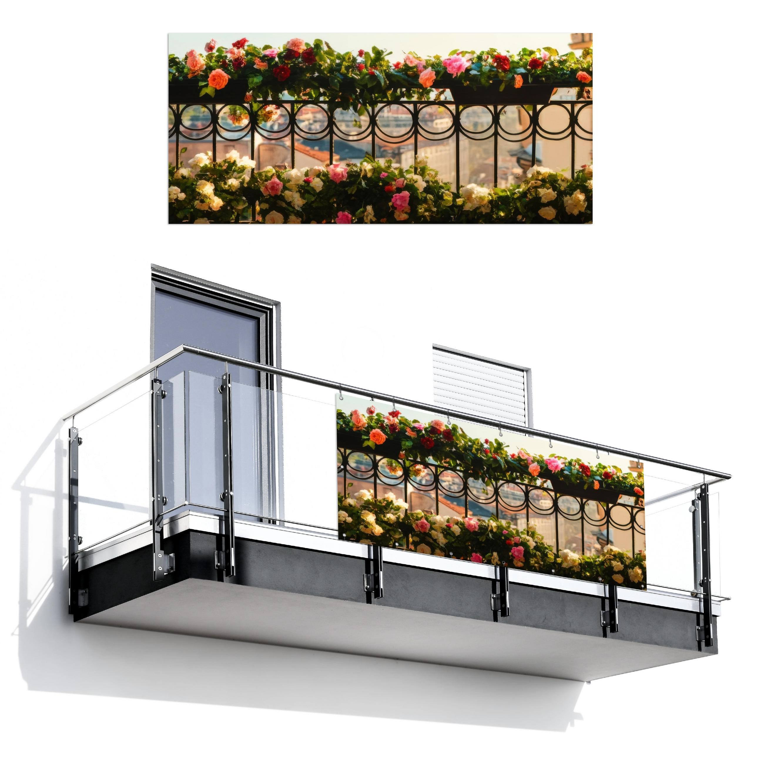 BALKON-SICHTSCHUTZ Blumen - Zaun - Stadtbild - Sommer - Pink, Kunststoff (200/90cm) - MuchoWow
