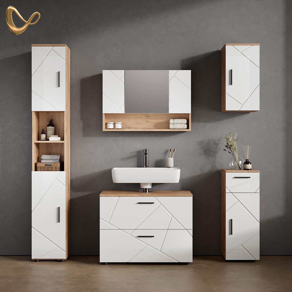 MIDISCHRANK Ronco Weiß Hochglanz/Goldkraft Eiche 30 x 81 cm - Weiß Hochglanz, Holzwerkstoff (30/81/30cm) - Livinity®