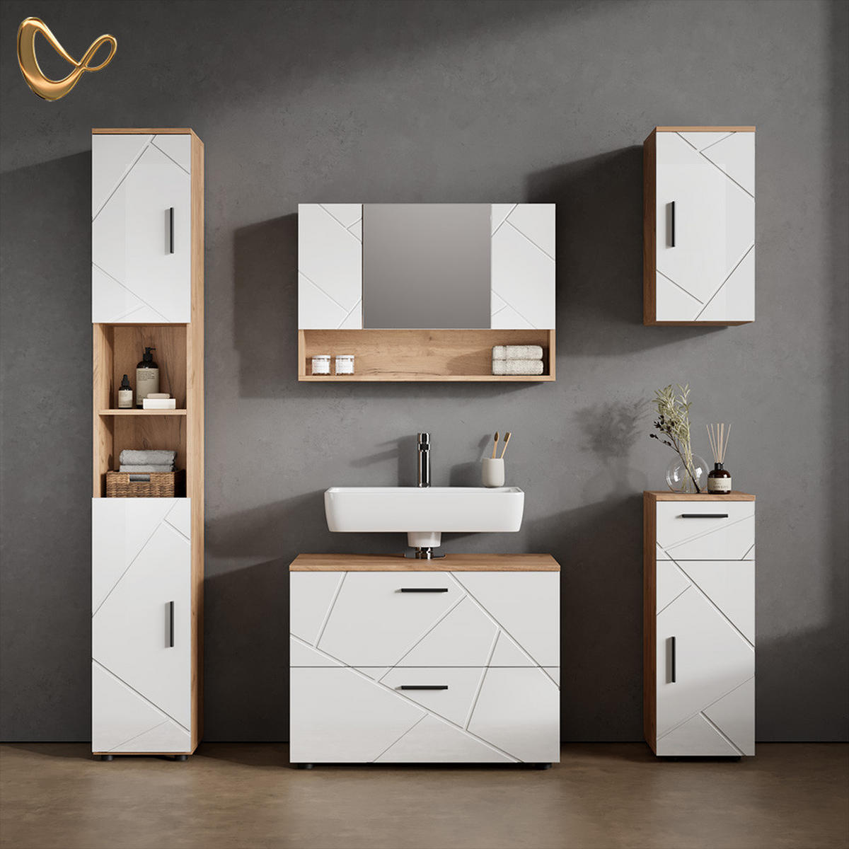 MIDISCHRANK Ronco Weiß Hochglanz/Goldkraft Eiche 30 x 81 cm - Weiß Hochglanz, Holzwerkstoff (30/81/30cm) - Livinity®