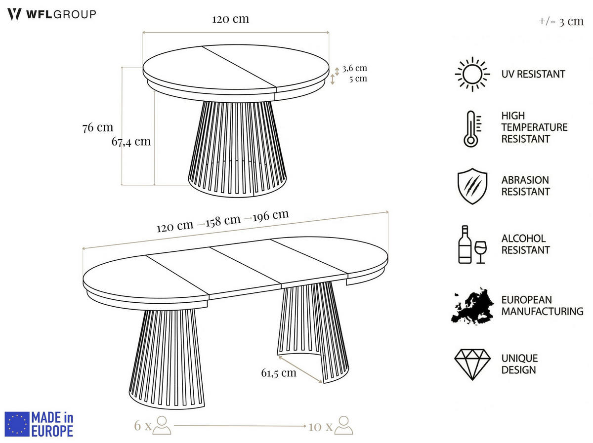 ESSTISCH Naro rund ausziehbar mit Schwarzem Lamellen-Metallgestell, Braun 120-200/120/76 cm - Eichefarben/Schwarz, Holzwerkstoff/Metall (120/120/76cm) - WFL GROUP
