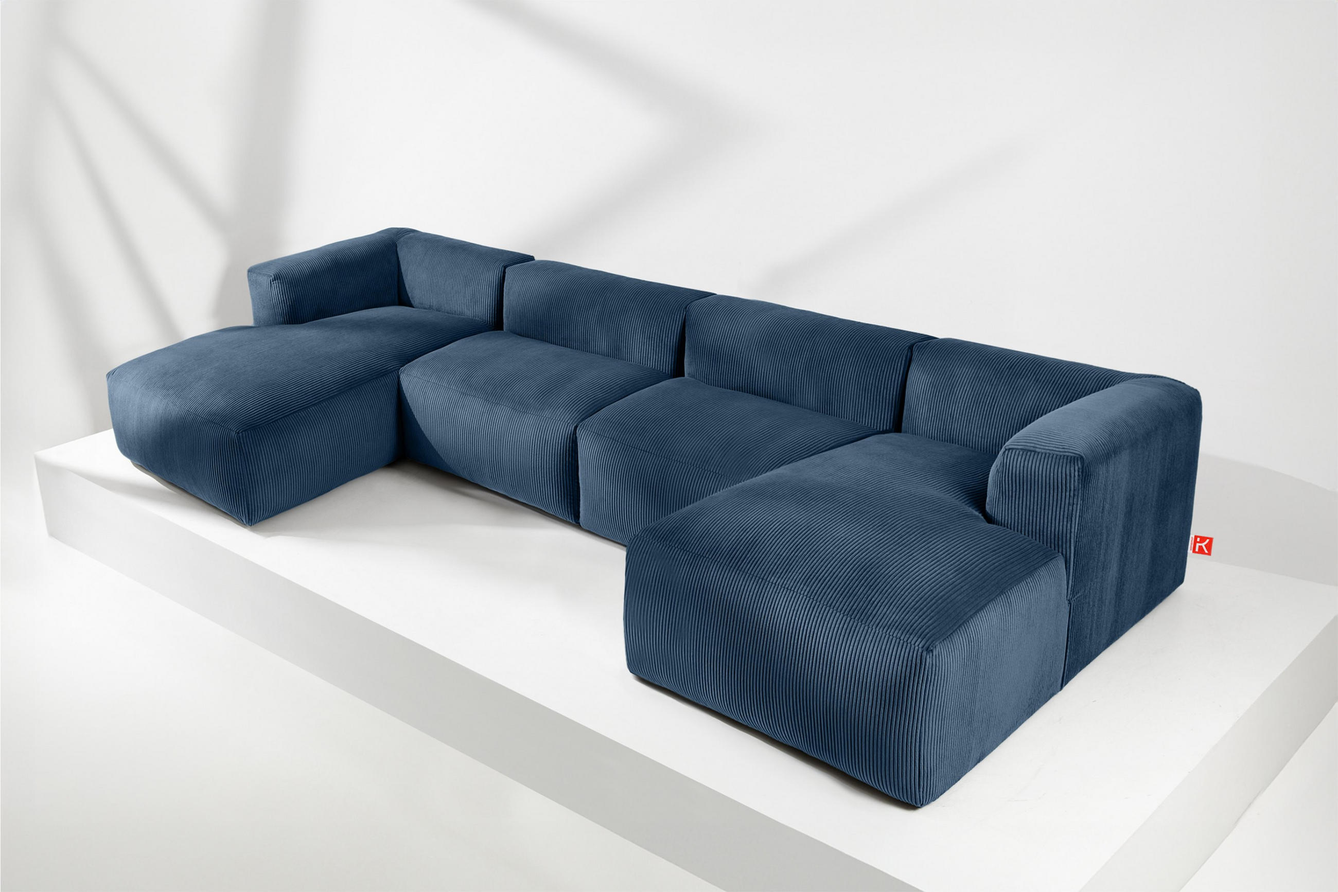 PANORAMA-ECKSOFA BUFFO 7/8 Sitzer mit extrem weicher Sitzfläche, Kordstoff, marineblau - Blau/Grün, Textil (424/73/180cm) - KONSIMO®