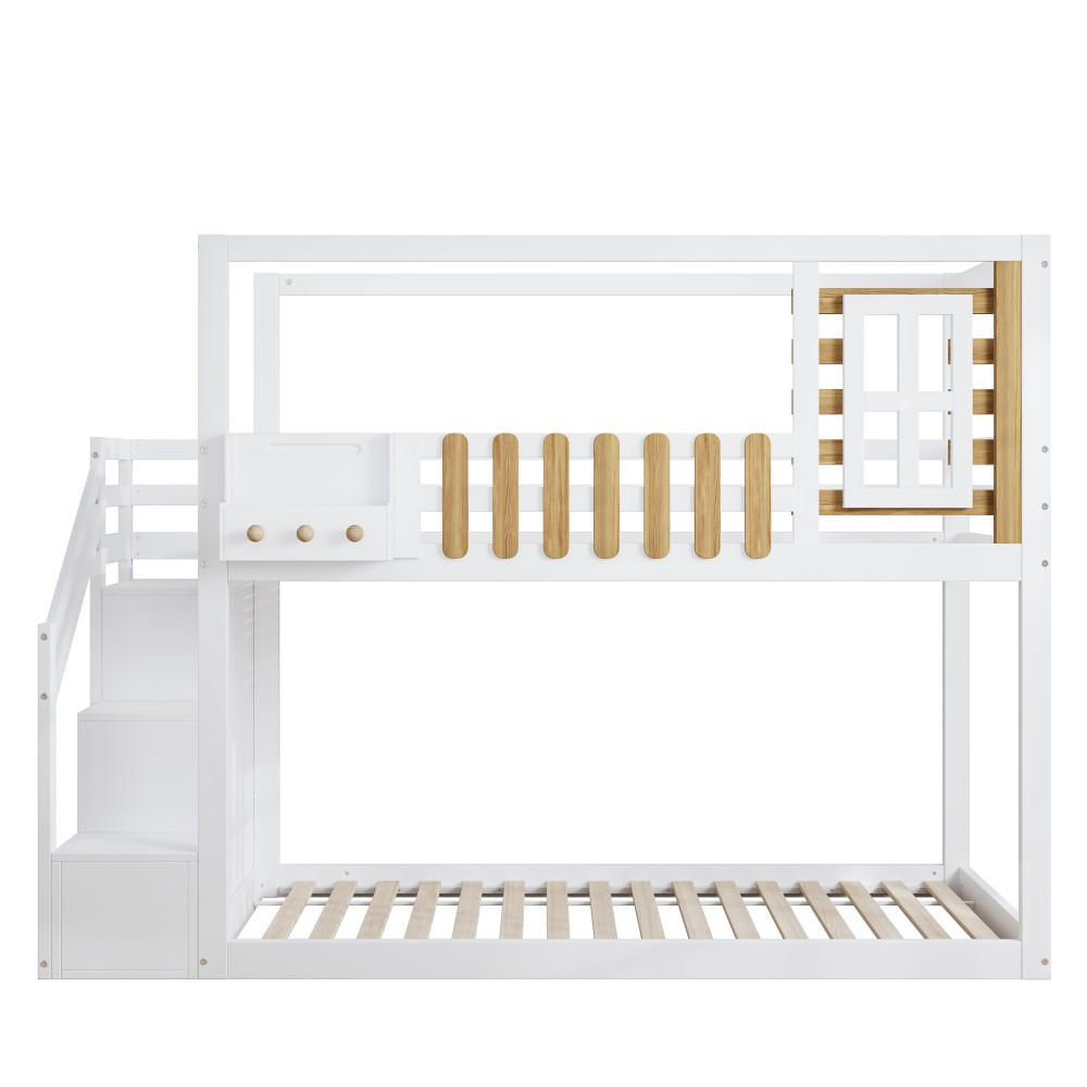 ETAGENBETT 90x200cm in weiß mit mit Treppe, Fenster und Regalkasten - Weiß, Holz (90/200cm) - KOMHTOM
