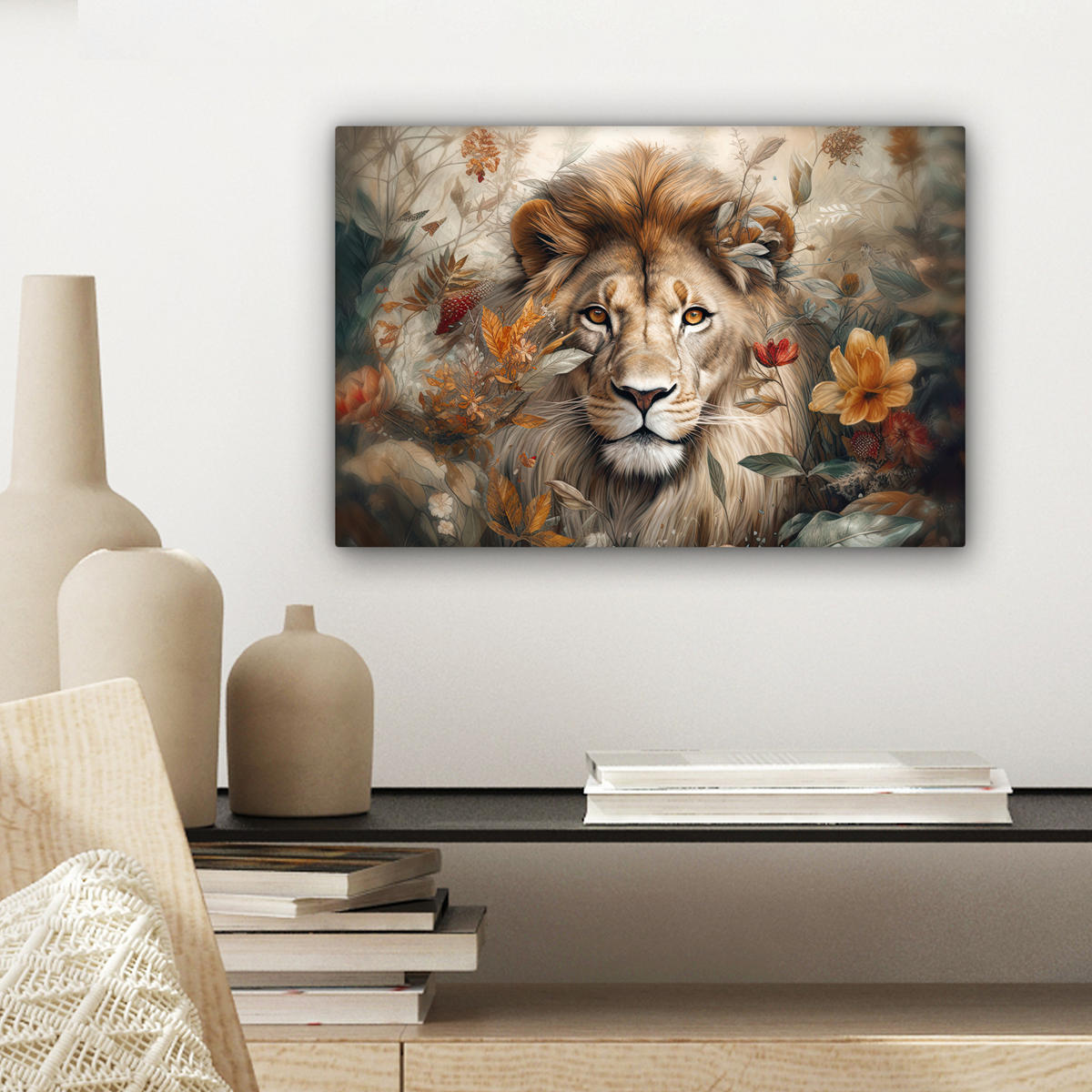 LEINWANDBILD Löwe - Wildtiere - Pflanzen - Natur - Blumen Deko Schlafzimmer 30x20 cm - Beige, Textil (30/20cm) - MuchoWow