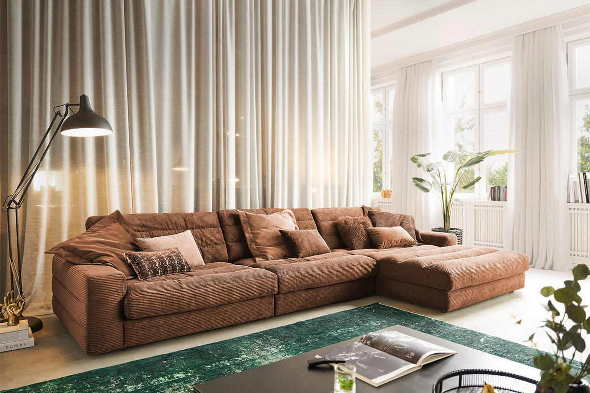 ECKSOFA XL LANA Braun Cord - Dunkelbraun/Schwarz, Textil (416/205cm) - KAWOLA
