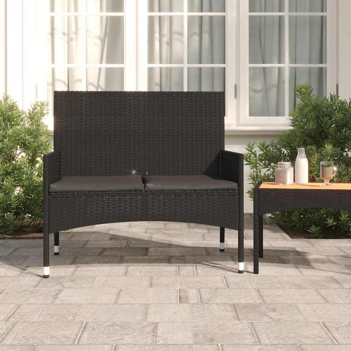 GARTENBANK 2-Sitzer Mit Kissen Schwarz Poly Rattan - Schwarz, Kunststoff (90/85/51cm) - vidaXL