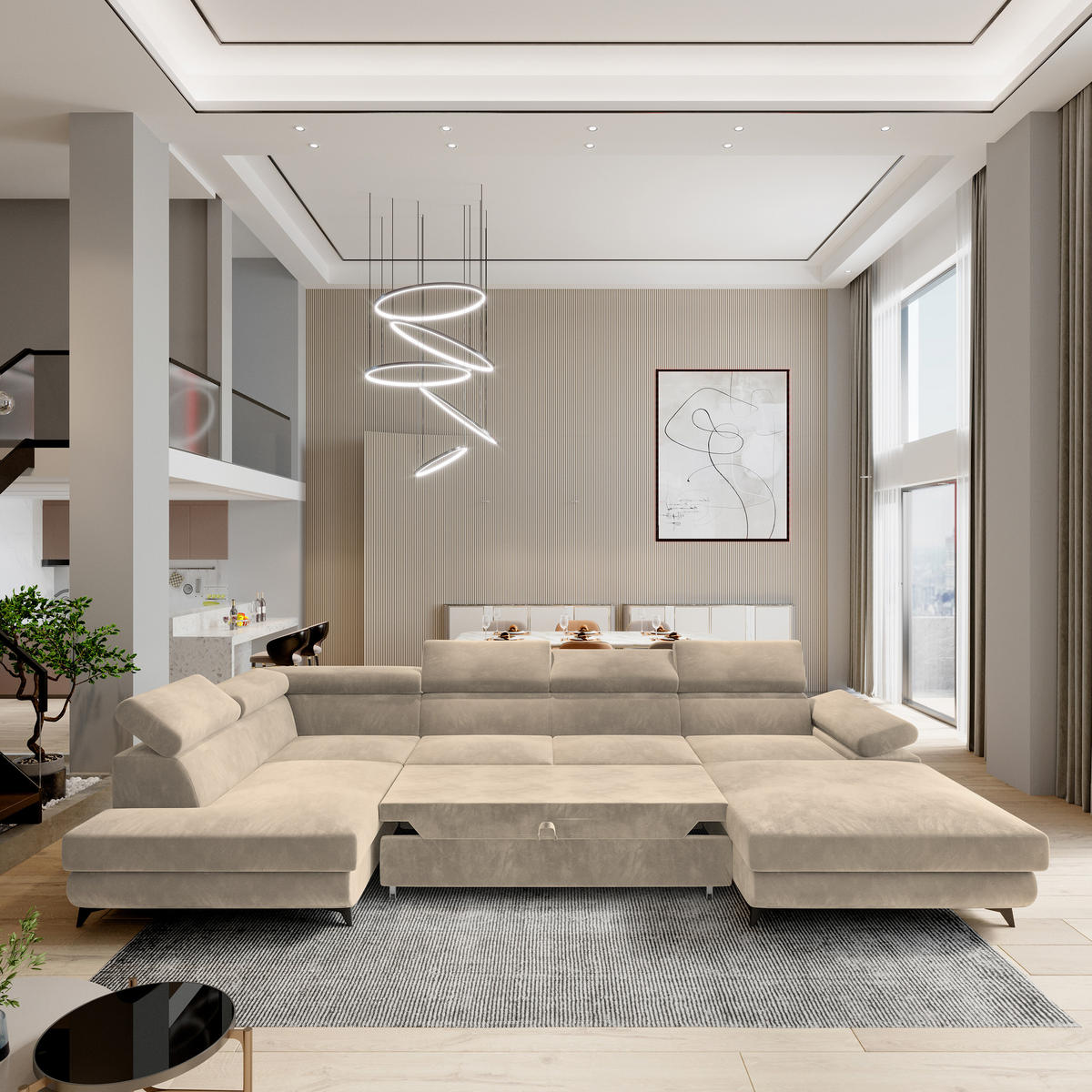 WOHNLANDSCHAFT RUBANO L-S Creme Velours-Stoff mit Schlaffunktion - Creme, Holz (339/89/190cm) - MASSENO