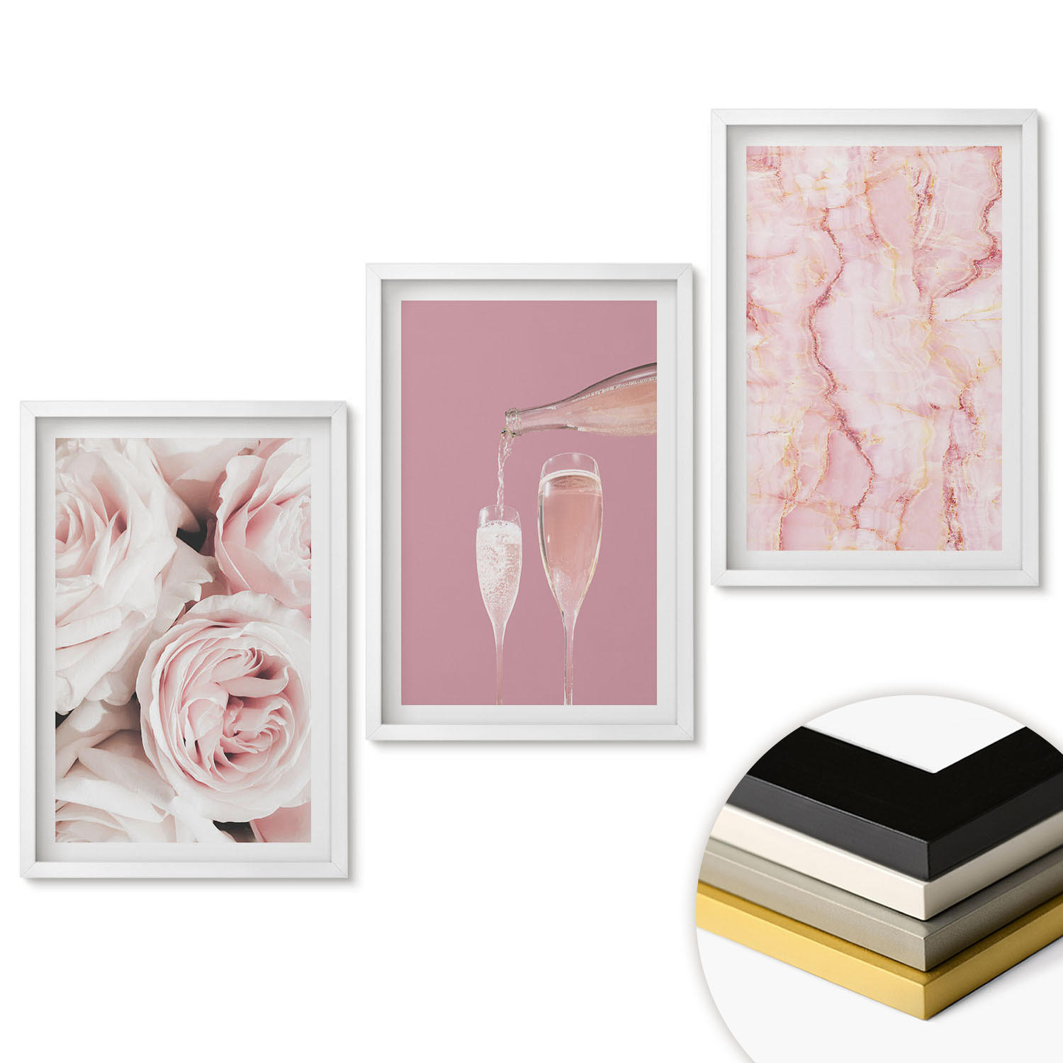WANDBILDER 3er-Set - 40x60 cm Weißer Rahmen - Champagnerfarbene Rosen, Marmorhintergrund - Weiß, Kunststoff (40/60cm) - ArtPrintCave
