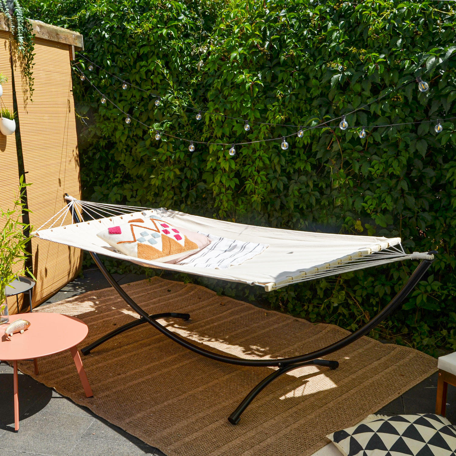 DOPPEL-HÄNGEMATTE mit Gestell bis 120kg, 200/120cm, Beige - Beige, Metall (100/90/300cm) - Amanka