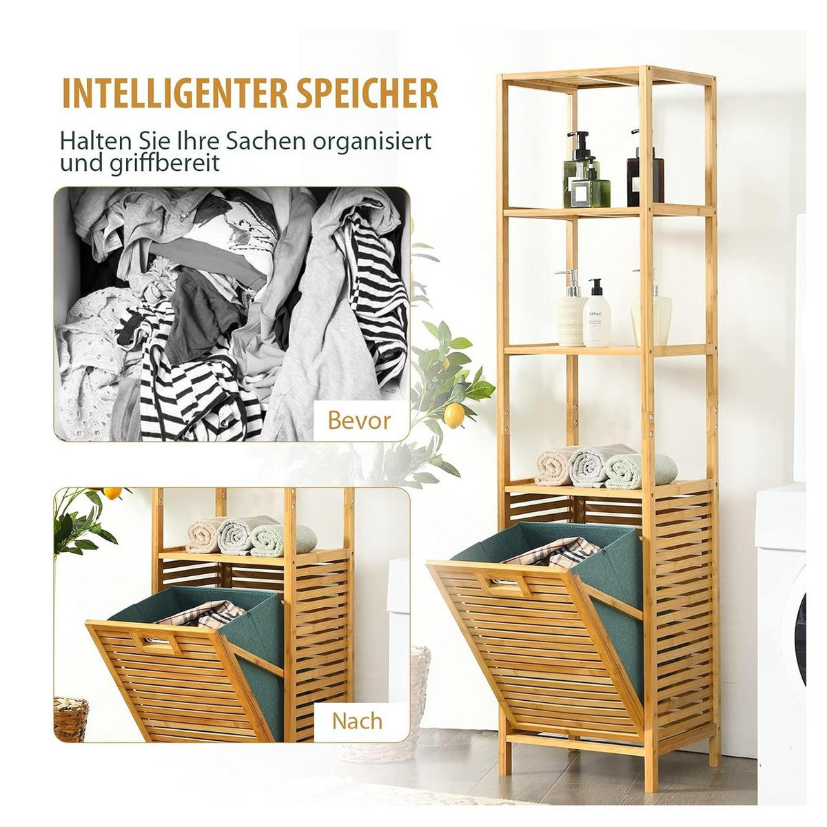 WÄSCHESCHRANK mit abnehmbarem Wäschesack & Griff natur - Naturfarben, Naturmaterialien (40/160/33cm) - COSTWAY