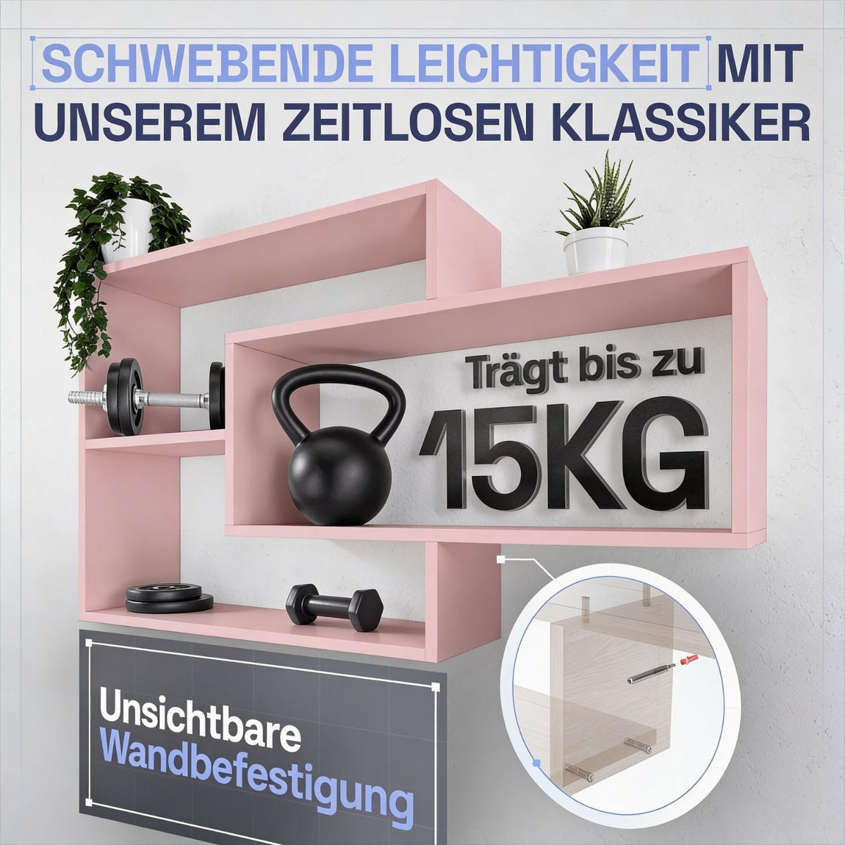 SCHWEBEREGAL KARO Rosa - Rosa, Holzwerkstoff (20/59/104cm) - Mein-Regal