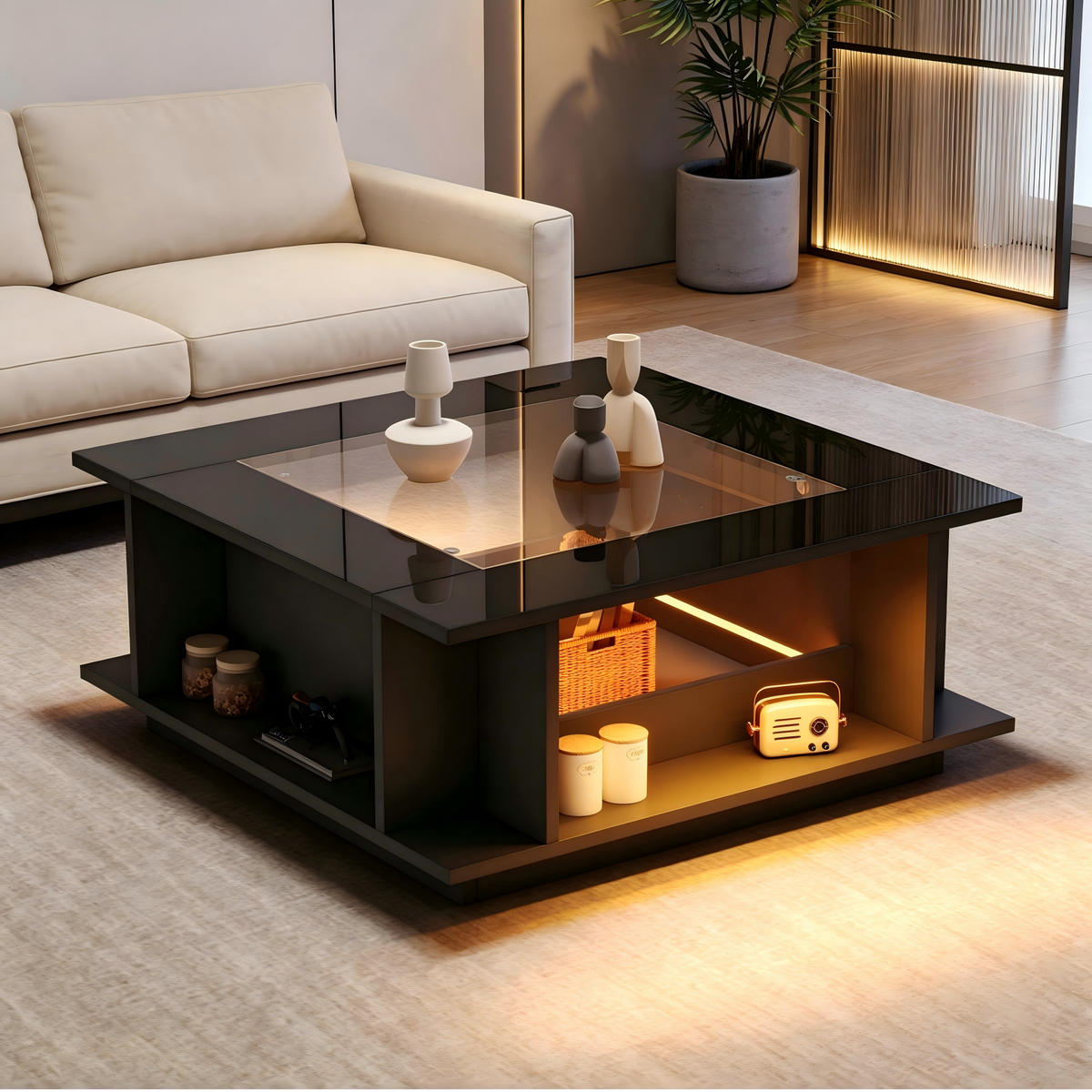 COUCHTISCH DE-37114 quadratisch mit Glasplatte und LED Schwarz - Schwarz, Holzwerkstoff (70/70/30cm) - ComfortXL
