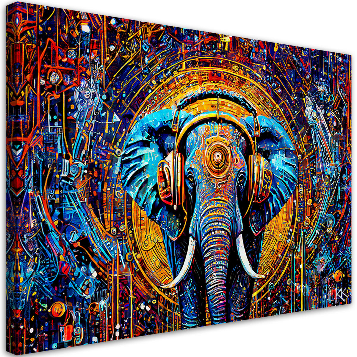 LEINWANDBILD Elefant im Kopfhörer Abstraktion 90x60cm - Multicolor, Textil (90/60cm) - Feeby