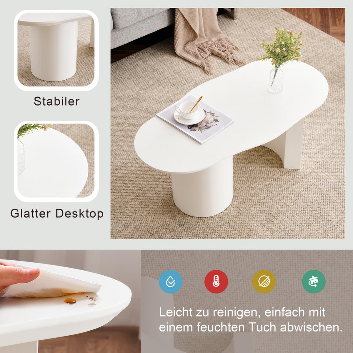 COUCHTISCH 100cm Weiß Unregelmäßig Stabil Langlebig Lackiert Hochwertiges MDF - Weiß, Holz (48/47/35cm) - FLIEKS