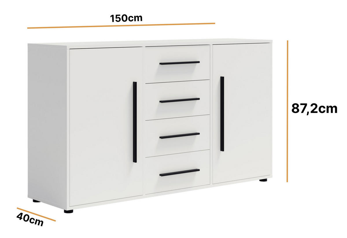 KOMMODE Modena K2D4SZ 150 cm in Weiß mit Türen und Schubladen - Schwarz/Weiß, Holzwerkstoff/Kunststoff (150/87/40cm)