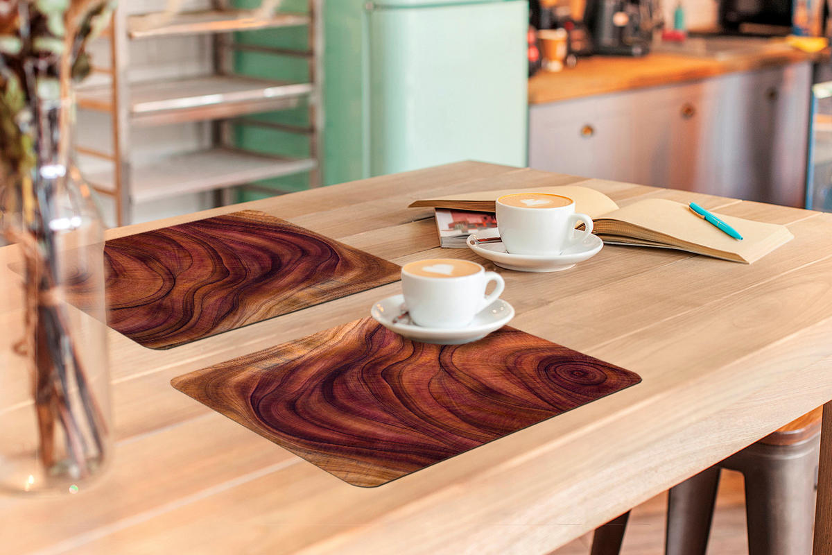 PLATZSETS 6er-Set Glatte Holzstruktur aus geschwungenen Linien 45x30 cm Tischset - Zwetschgeholzfarben, Kunststoff (0.3/45/30cm) - MuchoWow
