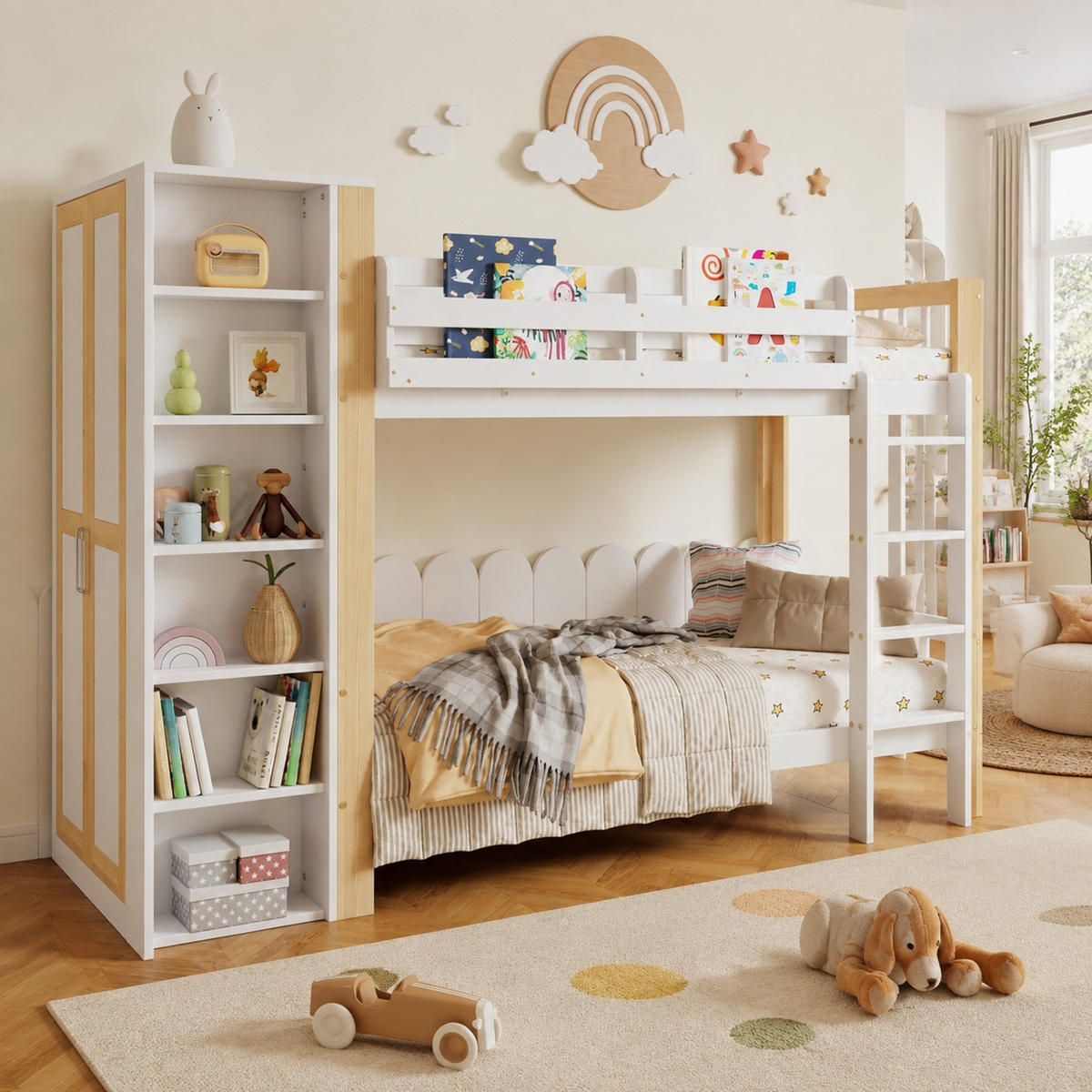 ETAGENBETT 90/200 mit Kleiderschrank, Regalen und Fallschutz in Weiß und Natur - Weiß, Holzwerkstoff (90/200cm) - EVRYAE
