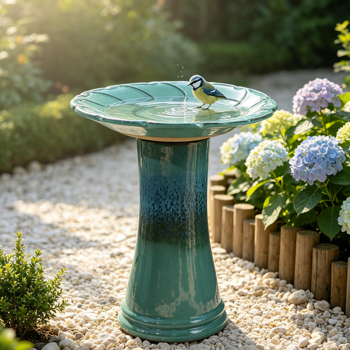 VOGELBAD mit Standfuß, Keramik Ø43/45H cm, Wetterfest, Hellblau - Jadegrün, Keramik (43/45/43cm) - LVHOM