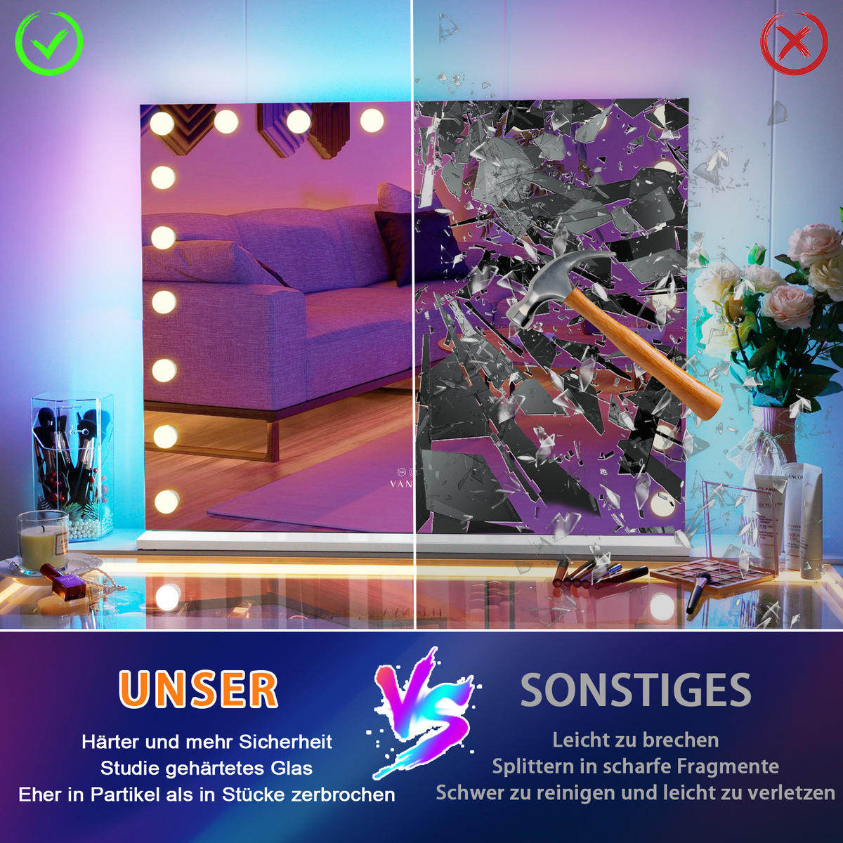 SCHMINKSPIEGEL mit LED-Beleuchtung und RGB Hintergrundbeleuchtung weiß 100/80 cm - Weiß, Metall (100/80/3cm) - VANITII