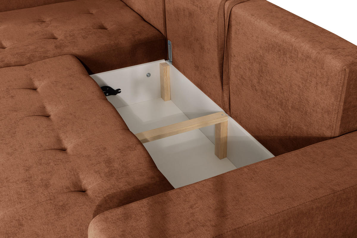ECKSOFA mit Schlaffunktion Rechts Rostrot Chenille - 245x200 cm - Trevi - Terracotta/Schwarz, Holz/Holzwerkstoff (245/200cm) - Ravio