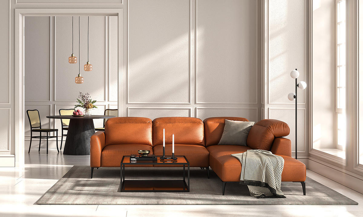 ECKSOFA mit Ottomane - Kastanienfarben/Schwarz, Leder/Metall (263/238cm) - home24