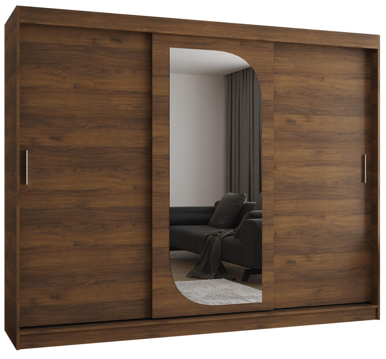 SCHIEBETÜRENSCHRANK mit Spiegel LUCY 200/250/62 3-türig - Silberfarben/Walnussfarben, Holz (250/62/250cm) - MÖBEL KRYSPOL