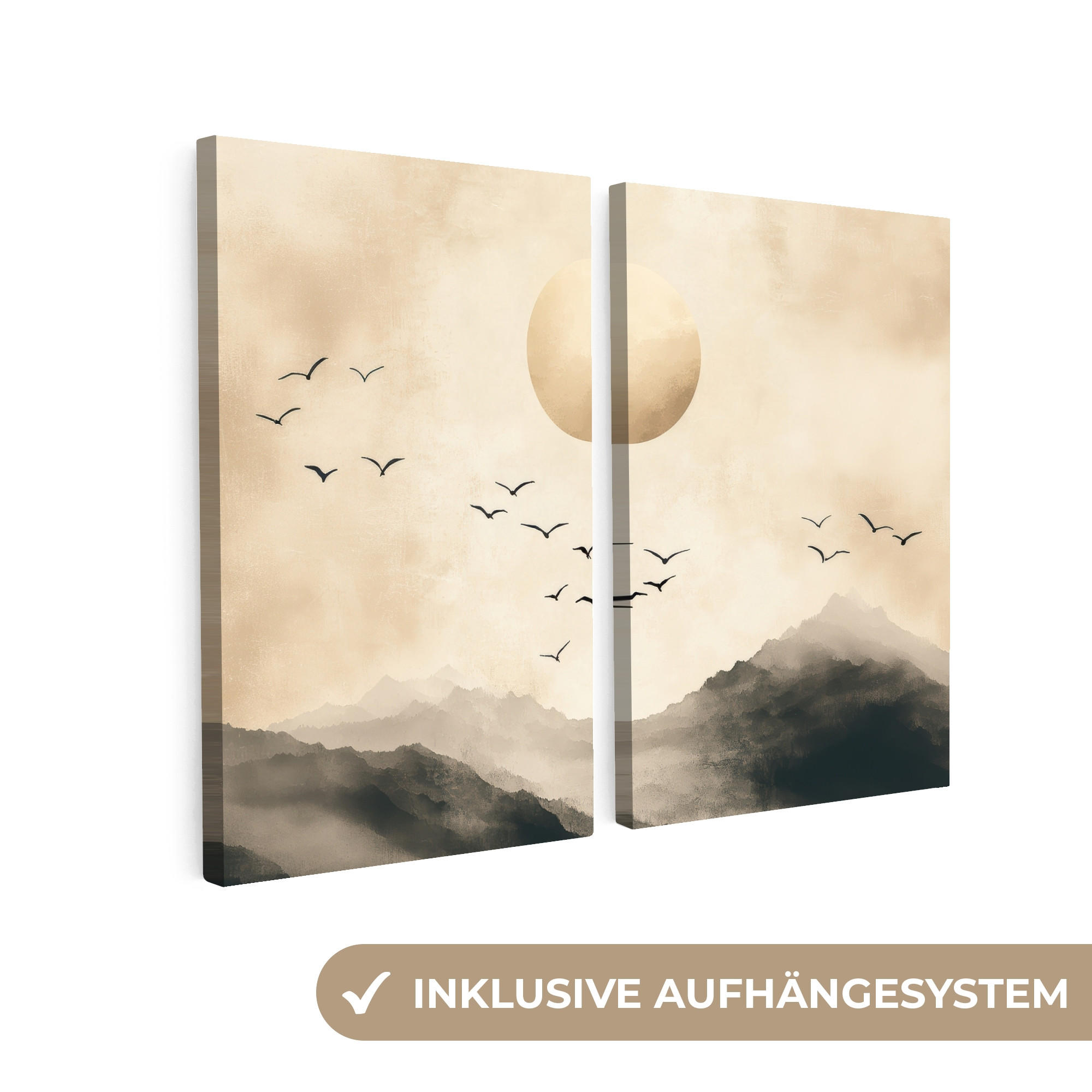 LEINWANDBILD 2er Set Landschaft - Japandi - Beige - Vögel 80x60 cm - Beige, Textil (80/60cm) - MuchoWow