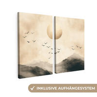 LEINWANDBILD 2er Set Landschaft - Japandi - Beige - Vögel 80x60 cm - Beige, Textil (80/60cm) - MuchoWow