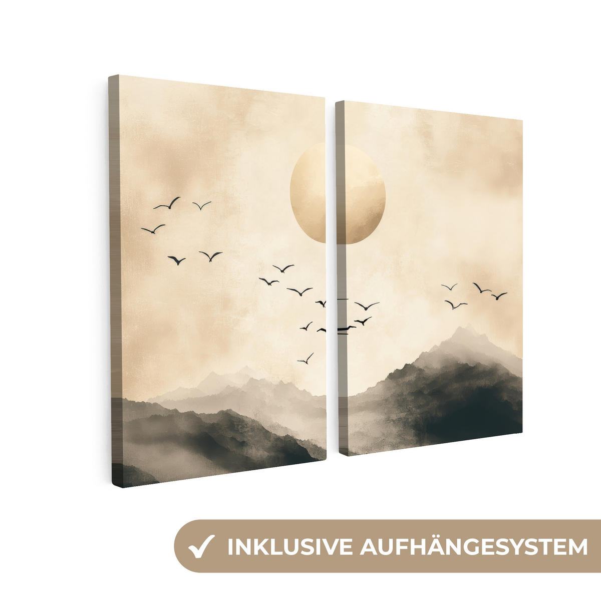 LEINWANDBILD 2er Set Landschaft - Japandi - Beige - Vögel 80x60 cm - Beige, Textil (80/60cm) - MuchoWow