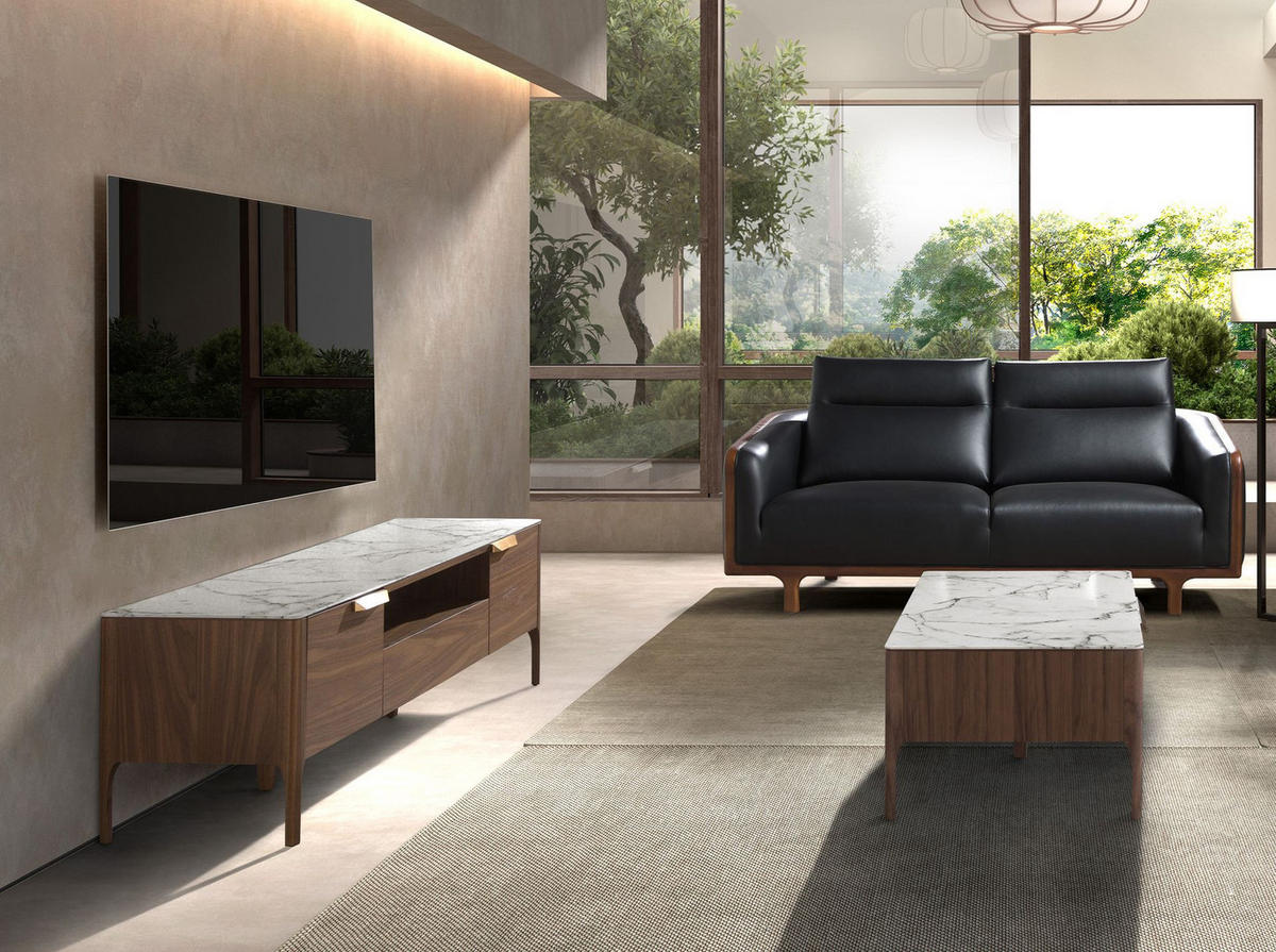 TV-ELEMENT TV-Ständer aus Nussbaumholz mit Glasplatte aus Marmorimitation 180/45/50 cm - Edelstahlfarben/Walnussfarben, Holz/Stein (180/50/45cm) - ANGEL CERDA