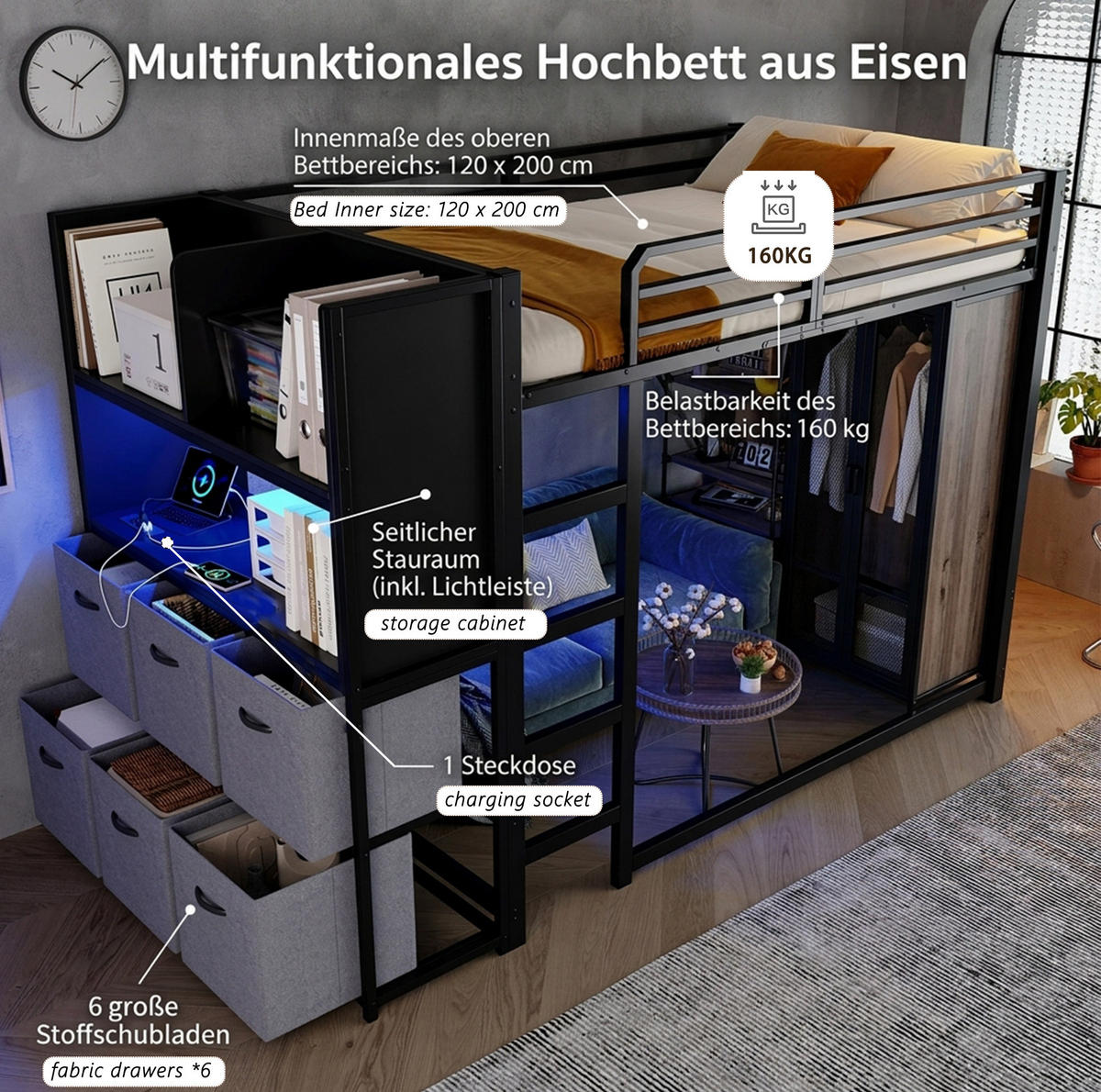 HOCHBETT aus Metall und Holz 120x200 cm Schwarz/Grau mit Stauraum, Beleuchtung und Ladestation - Schwarz, Metall (120/200cm) - Modfu