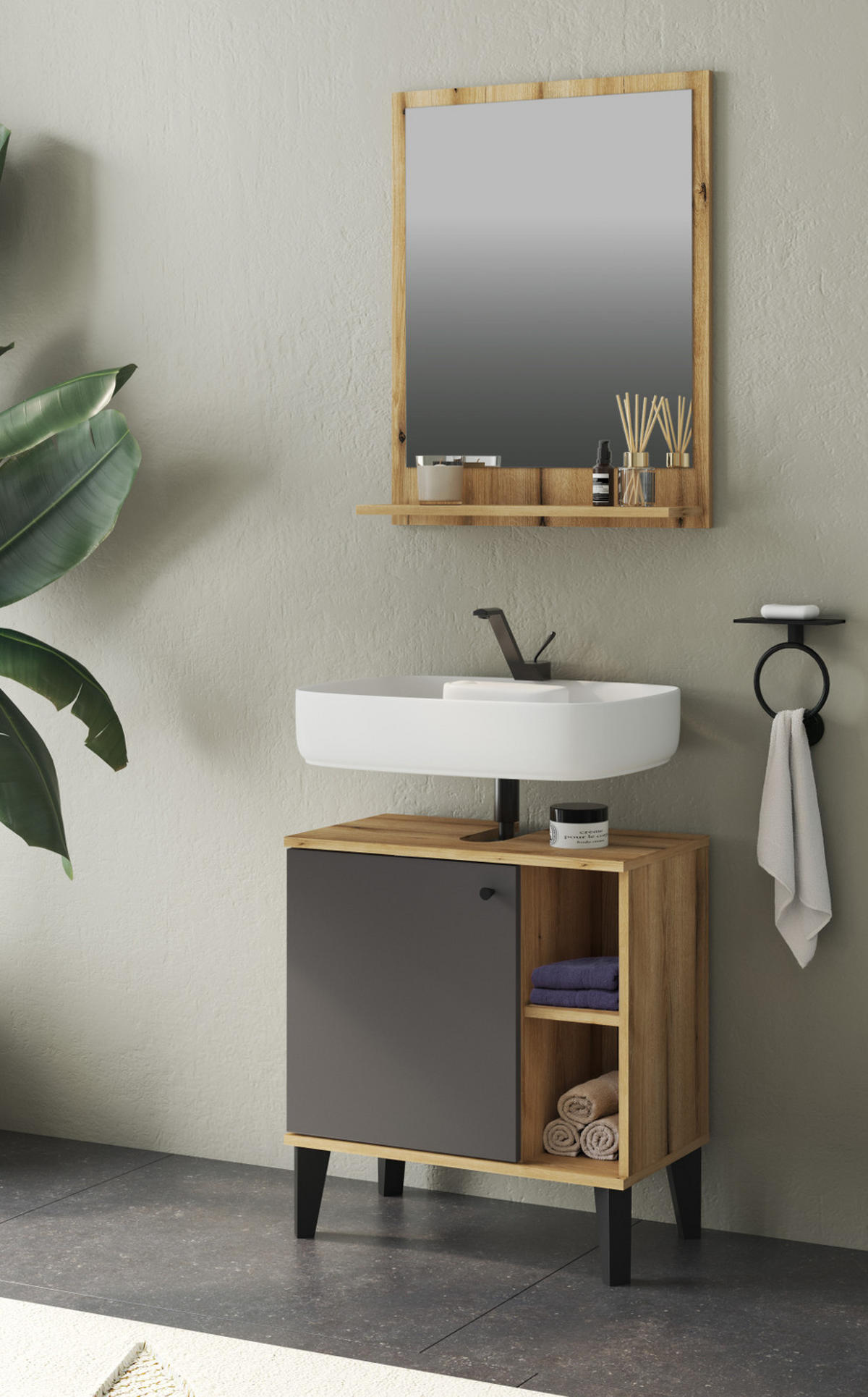 BADMÖBEL-SET 2-teilig grau, Evoke Eiche, Badkombination 60 cm - Eichefarben/Grau, Glas/Holzwerkstoff (60/190/33cm) - Furn.Design