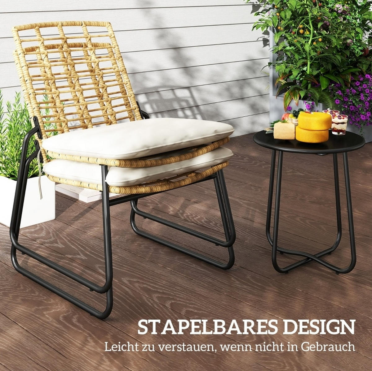 BALKONSET 3-teilig,40×40×46cm Polyrattan mit Kissen und Tisch - Beige, Naturmaterialen - Modfu