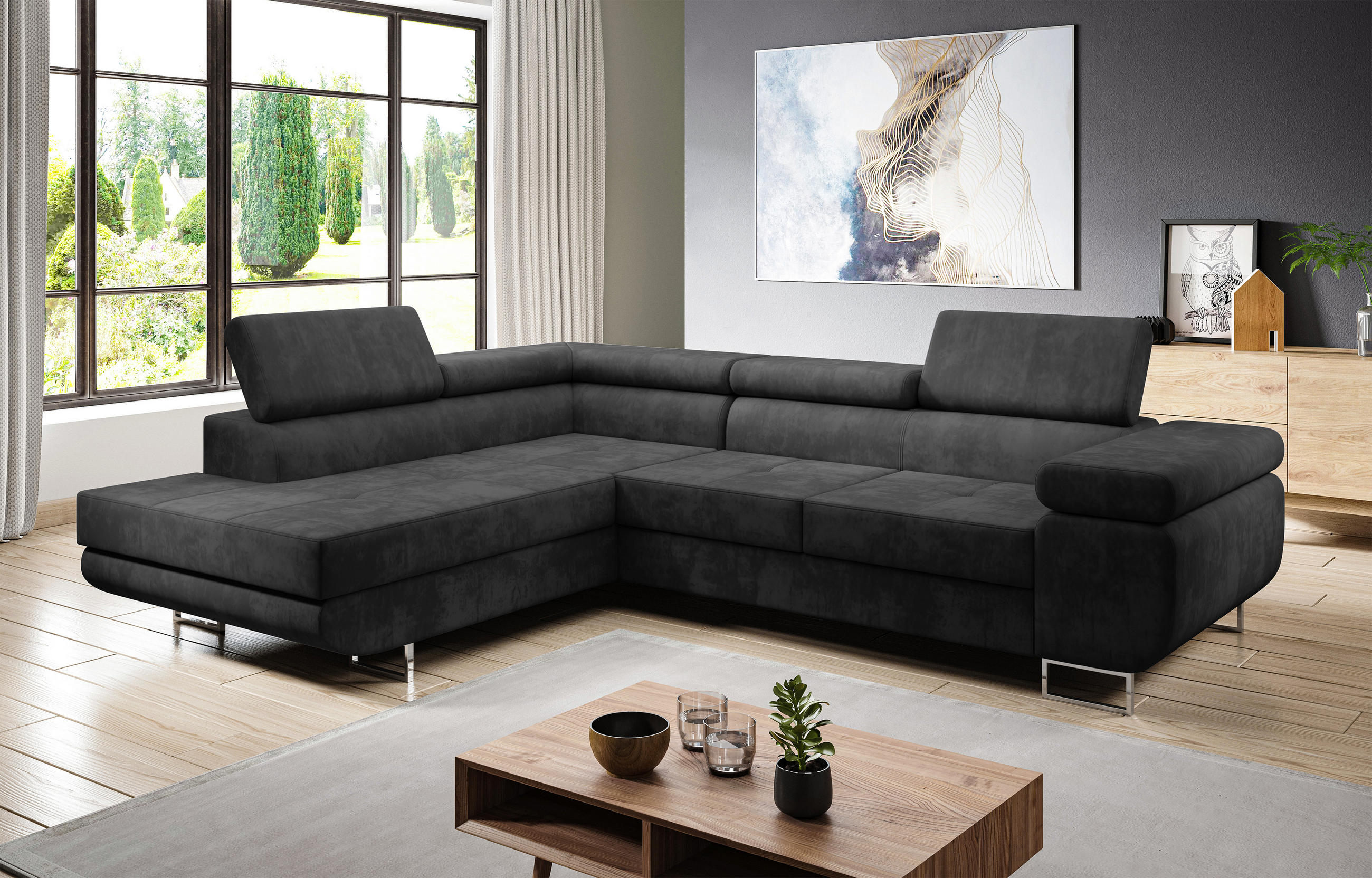 ECKSOFA L Form Kanya Grau 275/202/90 cm – Sofa mit Bettfunktion & Stauraum L - Dunkelgrau/Silberfarben, Textil/Metall (202/275cm) - AX Living