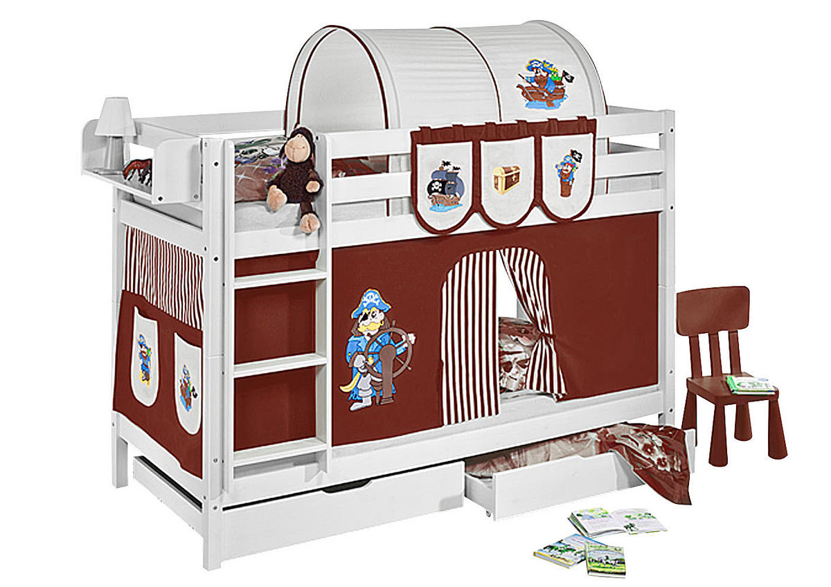 ETAGENBETT JELLE 90x200 cm Pirat braun beige - Hochbett - inkl. Vorhang und 2 Lattenrosten - Weiß, Holz - Lilokids