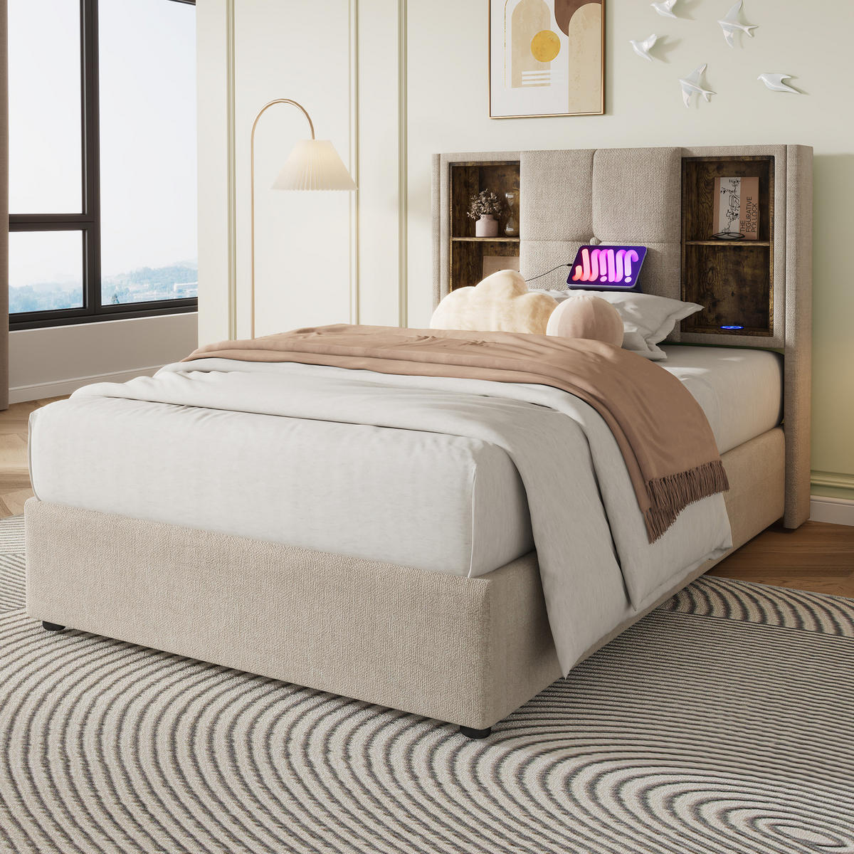 POLSTERBETT 90/200 cm Natur mit Stauraum, USB- und Type-C-Anschlüssen - Naturfarben, Textil (90/200cm) - Flora Grace