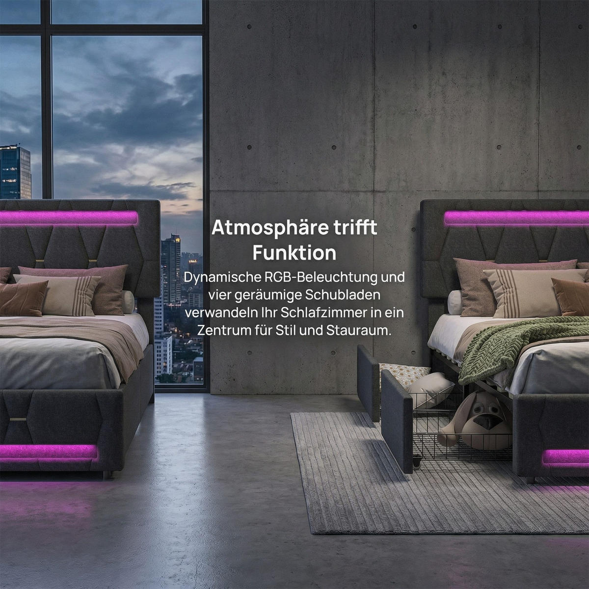 POLSTERBETT 160/200 cm grau mit Schubladen und LED - Grau, Holz - SHOPENTRA