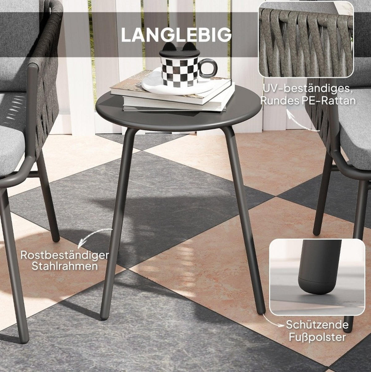 GARTENMÖBEL 3-teilig,40×40×49cm,Rattan abnehmbar Kissen und Tisch - Grau, Metall - Modfu