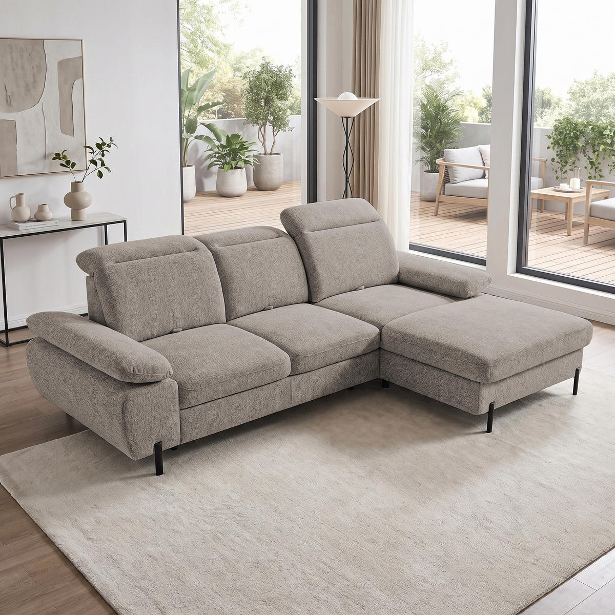 ECKSCHLAFSOFA Sora Mini mit verstellbaren Kopfstützen und Schlaffunktion, Chenille-Stoff, Hellbraun, Rechts - Hellbraun/Schwarz, Textil (190/285cm) - Beautysofa