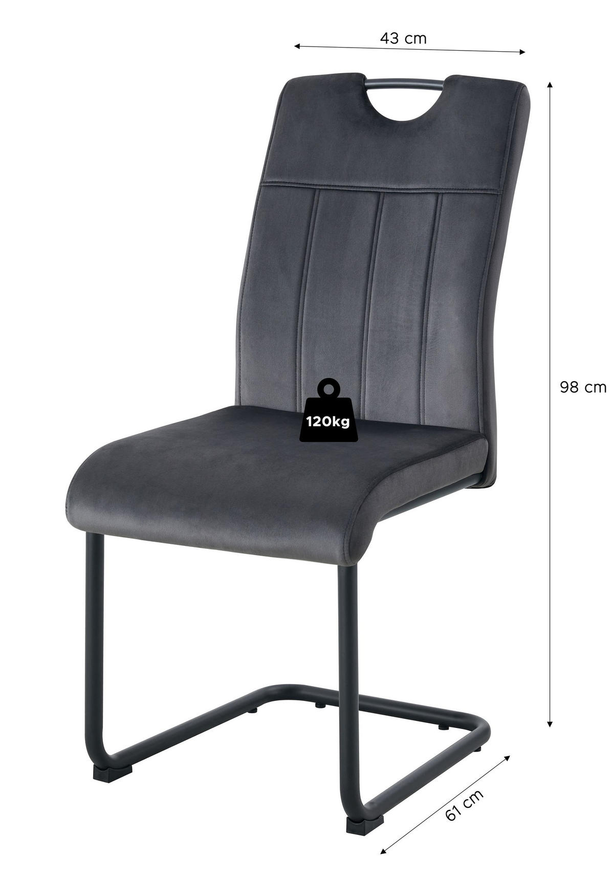 SCHWINGER-STUHL 2er Set Lyon Stühle in Anthrazit - gemütliches Design - B/H/T: 43x98x61 cm - Anthrazit, Textil (61/98/43cm)