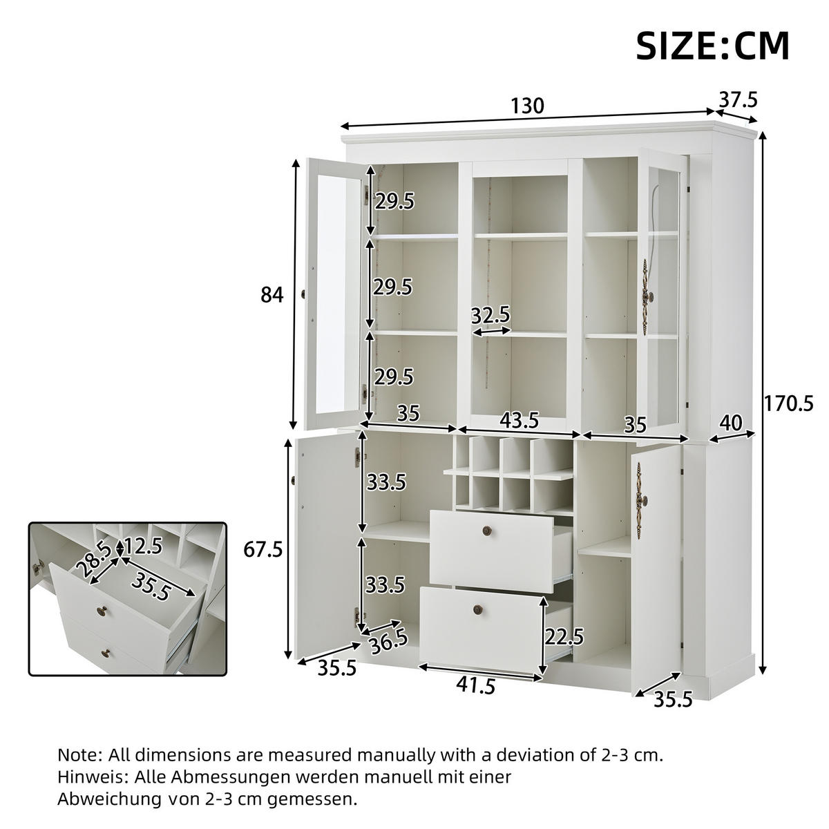 VITRINE LED 130cm 4 Türen 2 Schubladen Weinregal Weiß - Weiß, Glas (130/170.5/37.5cm) - FLIEKS