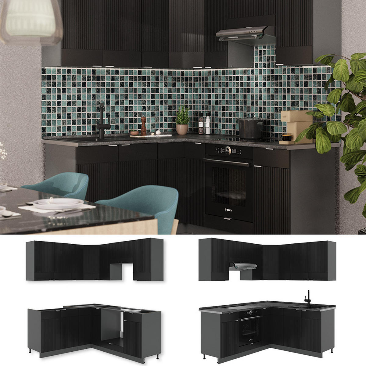 ROHOVÁ KUCHYŇ Fame-Line Černý pruhovaný/antracitový - černá, kompozitní dřevo (190/81.6/46cm) - Vicco