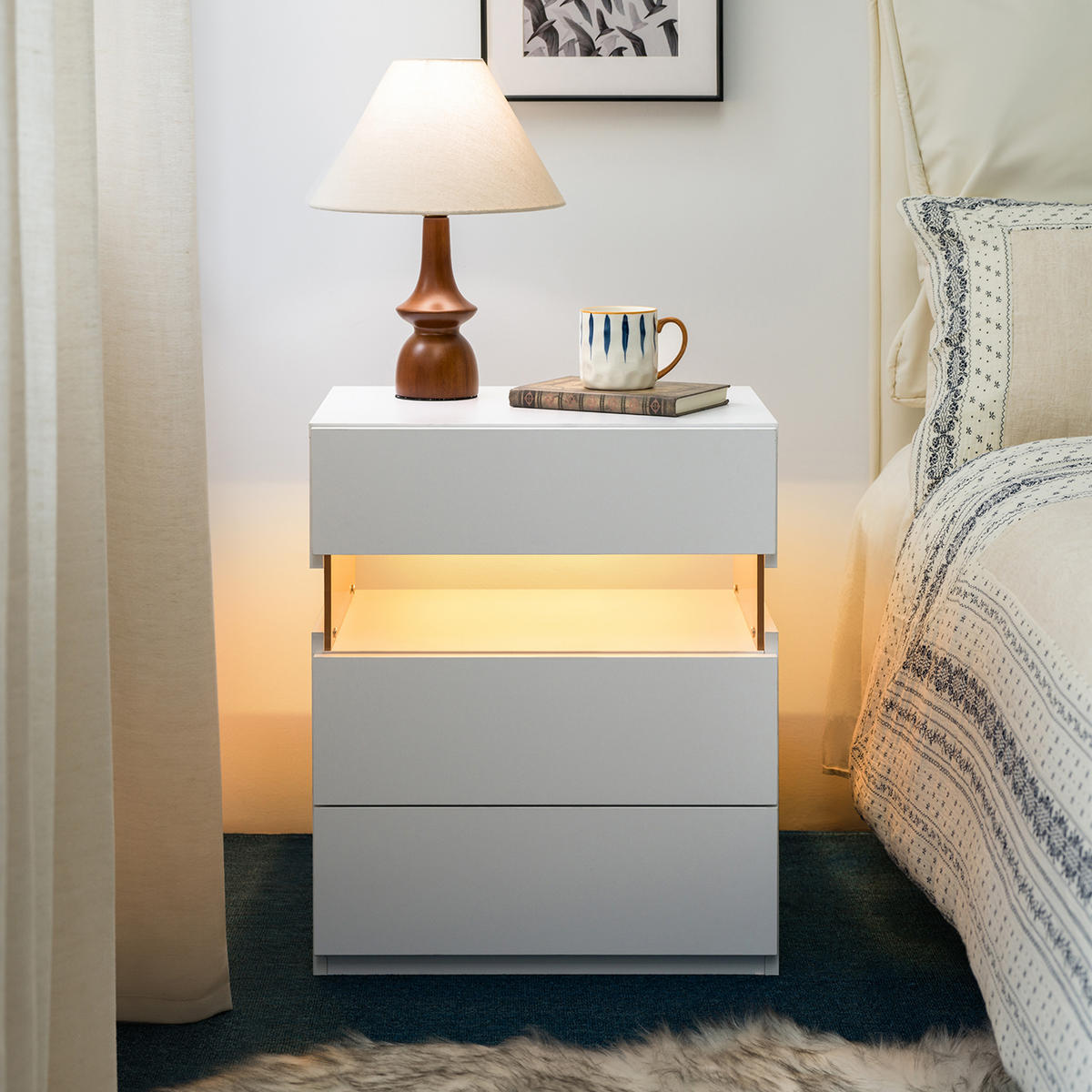 LED-NACHTTISCH 3 Schubladen – Side Table mit Acrylplatte, Beleuchtet, Schlafzimmer & Wohnzimmer, Nachtschrank, Weiß - Weiß, Holz (38/61/48cm) - Ej. Life