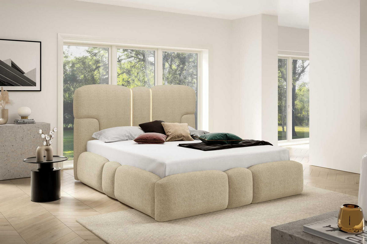 POLSTERBETT 180x200 Safron mit LED, Metall-Lattenrost, Beige - Beige, Holz/Textil (180/200cm) - Emporius